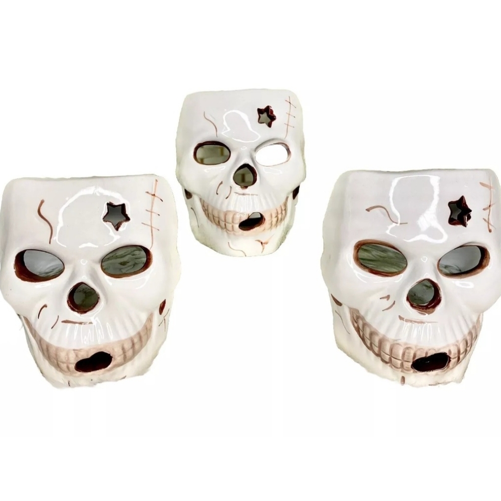 Set of 3 Skull Votive Tea Light Candle Holders Spooky Ceramic Hand Painted